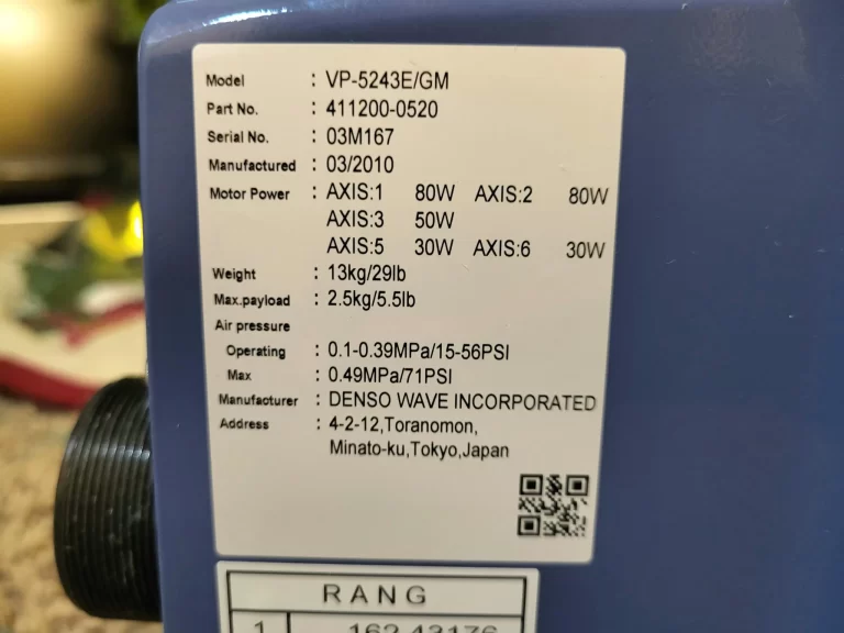 Denso Wave Robot VP-5243/G Robotic Arm Label one Denso Wave Robot VP-5243/G Robotic Arm Label one