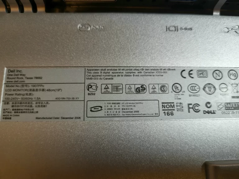 Dell 1907FPc 19-inch LCD Monitor label Dell 1907FPc 19-inch LCD Monitor label