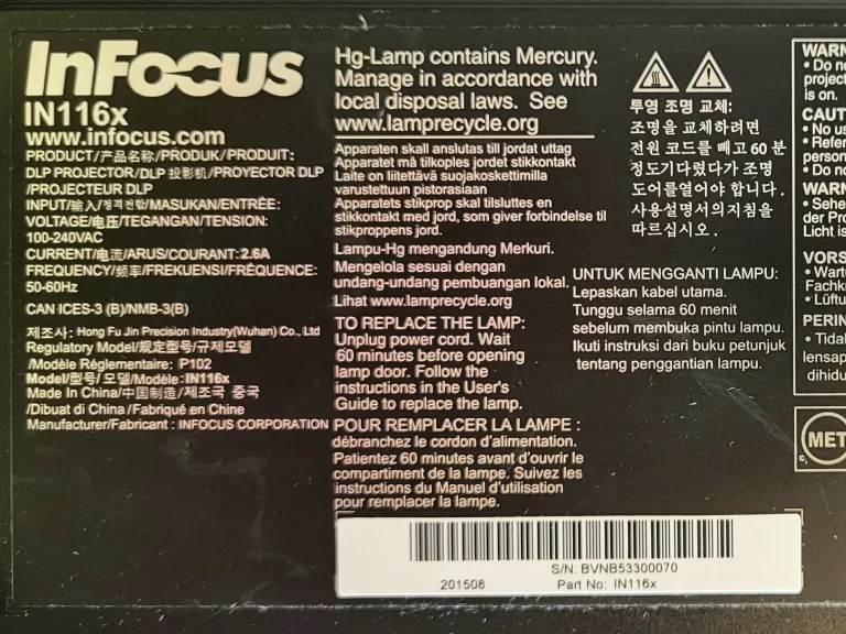 InFocus IN116xv Projector Label InFocus IN116xv Projector Label