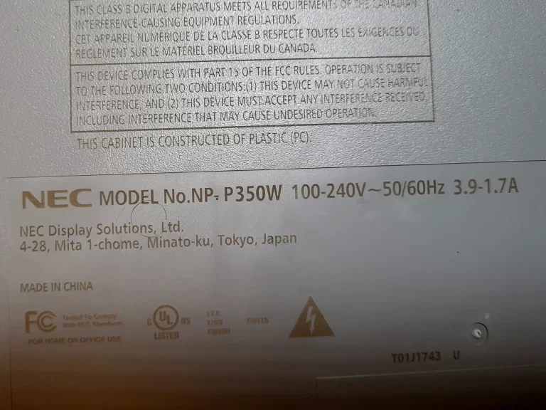 NEC P350W Projector Label NEC P350W Projector Label