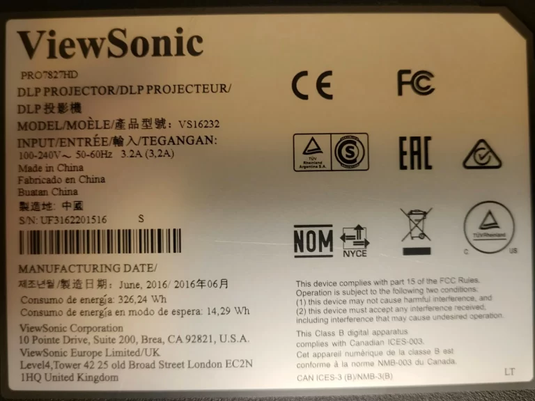 ViewSonic LightStream Pro7827HD Label ViewSonic LightStream Pro7827HD Label