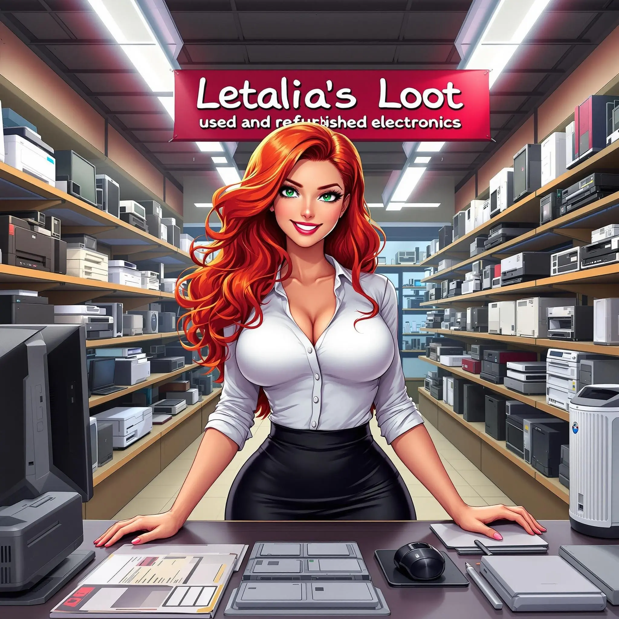 a woman standing in front of a computer store