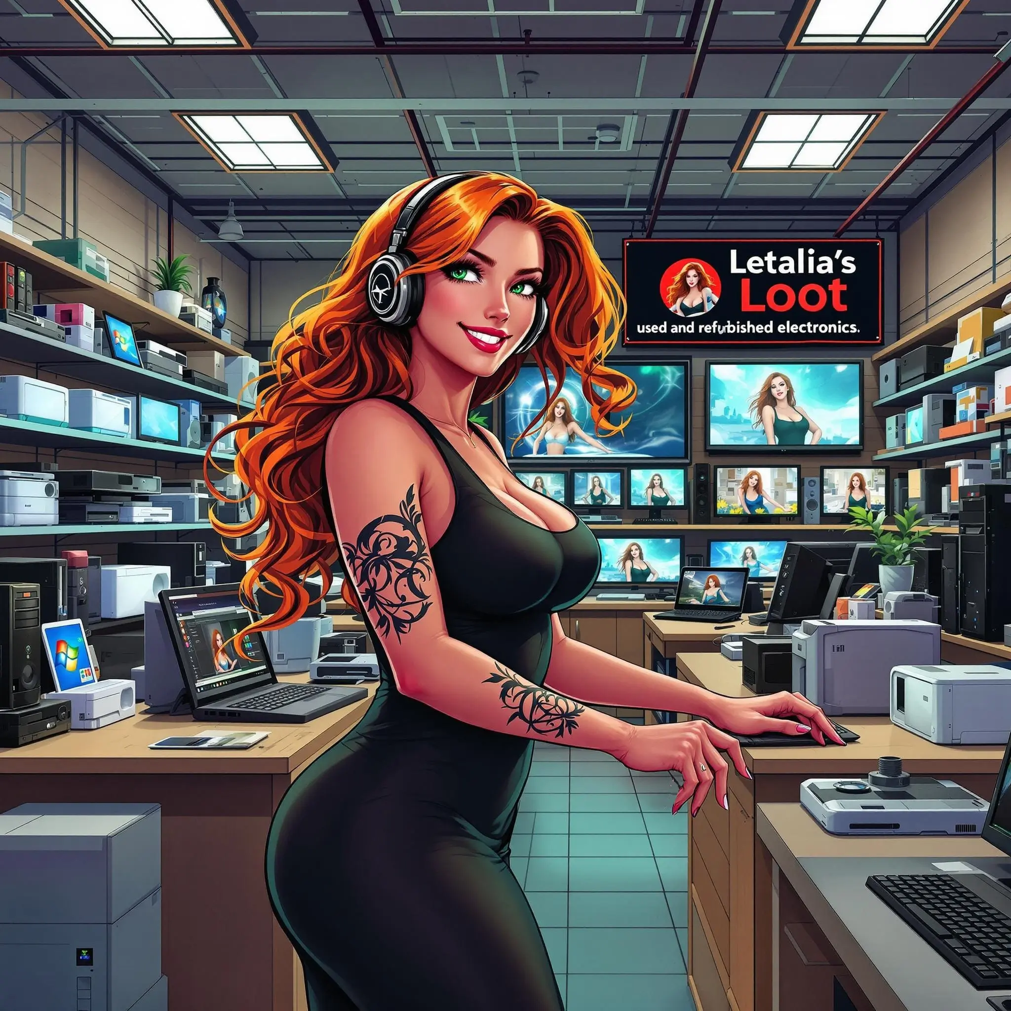 a woman in a computer shop